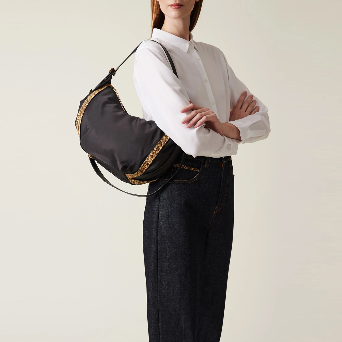 Borbonese Hobo Bag New Orbit Medium Nero OP Naturale - 2