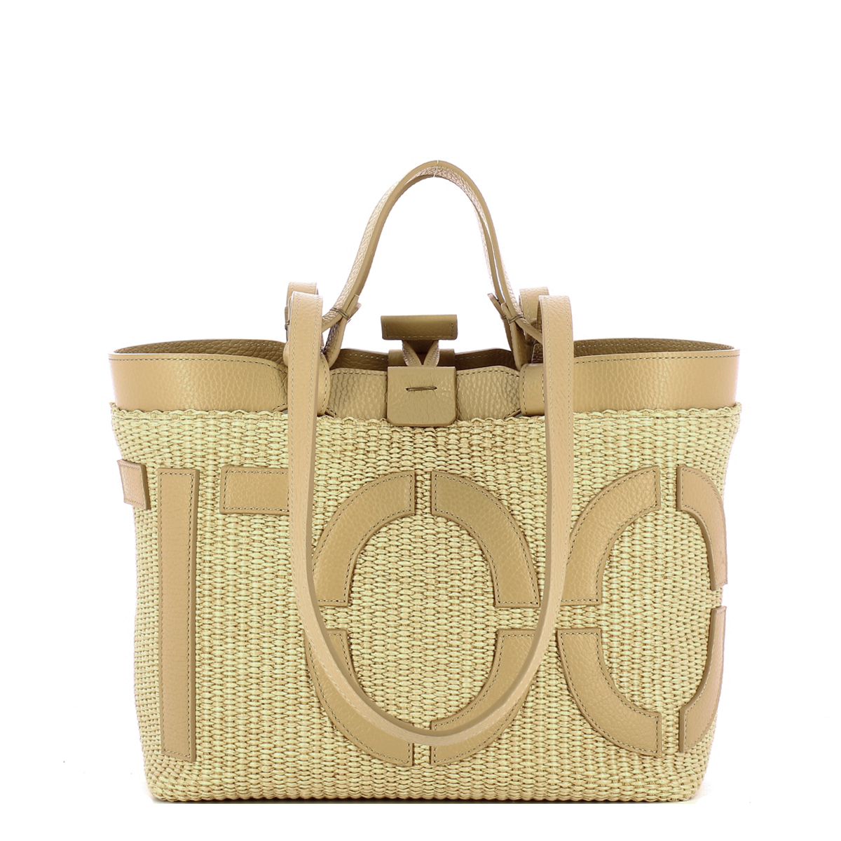 Iuntoo Shopping Sibilla Piccola Logo Raffia Naturale+Cammello - 3